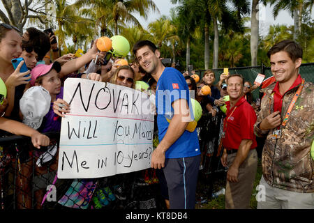KEY BISCAYNE, FL - MARCH 28: Novak Djokovic of Serbia practices with coach Boris Becker during Day 6 of the Miami Open at Crandon Park Tennis Center on March 28, 2015 in Key Biscayne, Florida   People:  Novak Djokovic Stock Photo