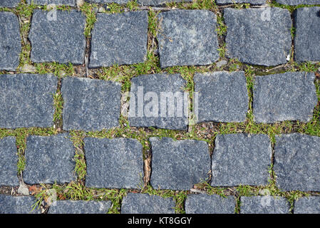 Background from paving stones, between which the grass grows Stock Photo