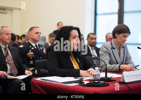 Karen Durham-Aguilera, leftr, executive director, Army National Military Cemeteries, and Katharine Kelley, right, superintendent, Arlington National Cemetery, serves as witnesses during a field hearing conducted by the subcommittee on Military Construction, Veterans Affairs, and Related Agencies at Arlington National Cemetery, March 29, 2017, in Arlington, Va. The hearing was titled, “Arlington National Cemetery: Current Operations and Future Plans to Honor the Fallen.” (U.S. Army photo by Rachel Larue/Arlington National Cemetery/released) Stock Photo