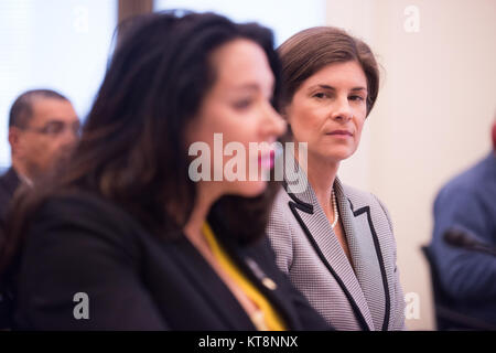 Katharine Kelley, right, superintendent, Arlington National Cemetery, serves as a witness during a field hearing conducted by the subcommittee on Military Construction, Veterans Affairs, and Related Agencies at Arlington National Cemetery, March 29, 2017, in Arlington, Va. The hearing was titled, “Arlington National Cemetery: Current Operations and Future Plans to Honor the Fallen.” (U.S. Army photo by Rachel Larue/Arlington National Cemetery/released) Stock Photo