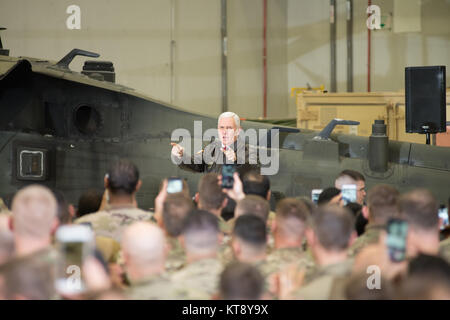 Bagram, Afghanistan. 21st Dec, 2017. U.S. Vice President Mike Pence addresses service members during an unannounced Christmas visit to Bagram Air Base December 21, 2017 in Bagram, Afghanistan. Pence showed his support for the Afghan government and warned neighboring Pakistan to stop harboring militant groups. Credit: Planetpix/Alamy Live News Stock Photo