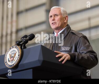 Bagram, Afghanistan. 21st Dec, 2017. U.S. Vice President Mike Pence addresses service members during an unannounced Christmas visit to Bagram Air Base December 21, 2017 in Bagram, Afghanistan. Pence showed his support for the Afghan government and warned neighboring Pakistan to stop harboring militant groups. Credit: Planetpix/Alamy Live News Stock Photo