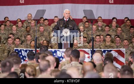 Bagram, Afghanistan. 21st Dec, 2017. U.S. Vice President Mike Pence addresses service members during an unannounced Christmas visit to Bagram Air Base December 21, 2017 in Bagram, Afghanistan. Pence showed his support for the Afghan government and warned neighboring Pakistan to stop harboring militant groups. Credit: Planetpix/Alamy Live News Stock Photo