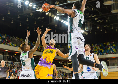 Copper Box Arena, London, 22nd Dec 2017. Lions' Justin Robinson (10) attacks but is interrupted by the Raiders defense. Tensions run high in the British Basketball League game between the home team London Lions and guests Plymouth Raiders. Lions win 95-67. Credit: Imageplotter News and Sports/Alamy Live News Stock Photo