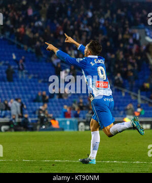 Barcelona, Spain. 22nd Dec, 2017. RCD Espanyol's Sergio Garcia celebrates his goal during a Spanish league match between RCD Espanyol and Atletico de Madrid in Barcelona, Spain, on Dec. 22, 2017. RCD Espanyol won 1-0. Credit: Joan Gosa/Xinhua/Alamy Live News Stock Photo