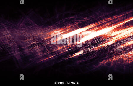 Abstract dark digital background, bright purple glowing chaotic structures, 3d illustration Stock Photo