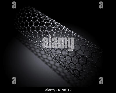 Carbon nanotubes molecular structure, atoms of carbon in wrapped hexagonal lattice on black background, 3d illustration Stock Photo