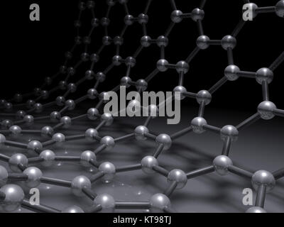 Single-walled zigzag carbon nanotubes structure scheme, atoms of carbon in wrapped hexagonal lattice on black, 3d illustration Stock Photo