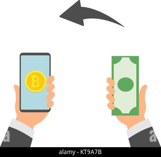 Flat modern design concept of cryptocurrency technology, bitcoin exchange, bitcoin mining, mobile banking. Hand holding mobile phone with bitcoin and dollars in the hand. Stock Vector