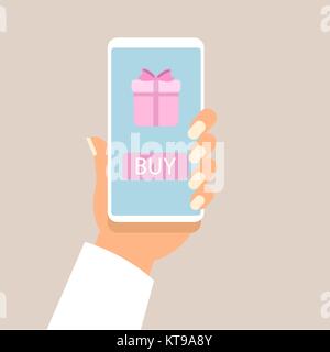 Gift app page on smartphone screen, with man hands holding the phone. vector Stock Vector