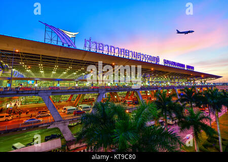 Suvarnabhumi Airport at night in Bangkok ,Thailand. This airport is the world's third largest single building airport terminal designe Stock Photo