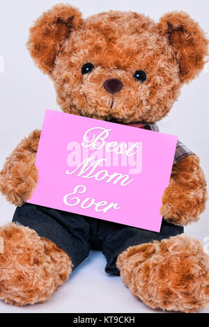 Cute teddy bear holding a pink sign that reads Best Mom Ever isolated on a white background Stock Photo