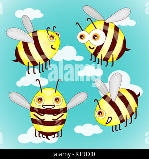 Set cartoon cute bees on sky with clouds vector illustration Stock Photo