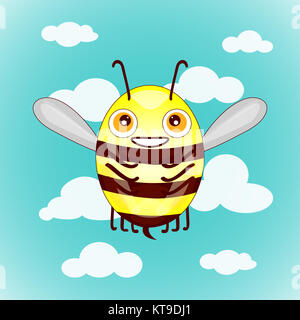 Cartoon cute bees on sky with clouds vector illustration Stock Photo