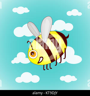 Cartoon cute bees on sky with clouds vector illustration Stock Photo