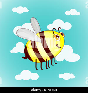 Cartoon cute bees on sky with clouds vector illustration Stock Photo