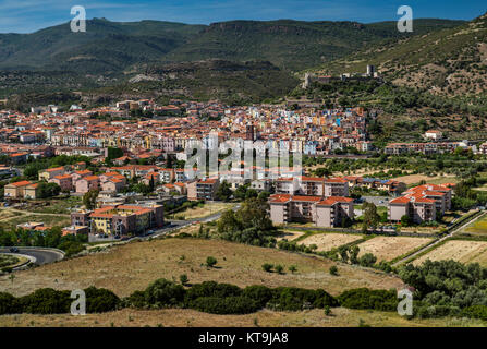 General view of town of Bosa, Castello Malaspina in distance, Bosa, Oristano province, Sardinia, Italy Stock Photo