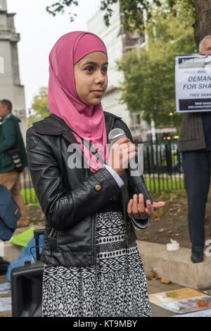 Zainab Omar speaks calling for the release of her father Shawki Ahmed Omar who she has never seen. Her parents were held by the US in Iraq in 2004 and tortured. Over ten years later her father is still in indefinite detention in Iraq. Stock Photo