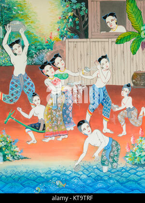 Native Thai mural painting of Songkran festival Stock Photo