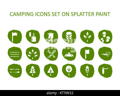 Camping icon set on green splatter paint. Flat icons on round pa Stock Photo