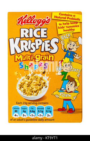 Packet of Kelloggs Rice Krispies multi-grain shapes cereals, breakfast cereal set on white background - Kelloggs cereal Kellogs cereal Kellogg cereal Stock Photo