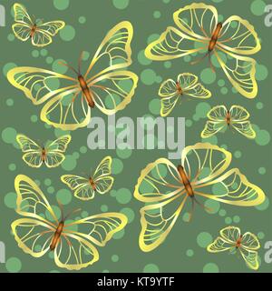 Green background with golden butterflies and circles Stock Vector