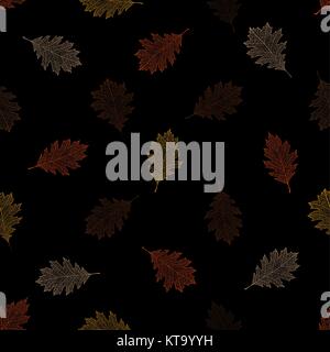 Seamless pattern of autumn leaves of northern red oak on a black background (Quercus rubra) Stock Vector