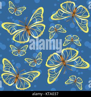 Blue background with golden butterflies and circles Stock Vector
