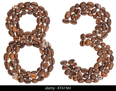 Arabic numeral 83, eighty three, from coffee beans, isolated on white background Stock Photo