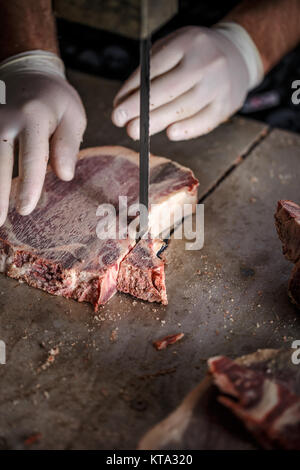 Butcher is slicing meat