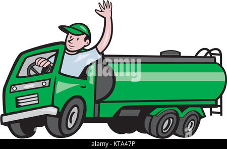 6 Wheeler Tanker Truck Driver Waving Cartoon Stock Photo