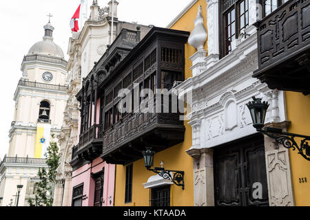 Colonial architecture in Lima city,Goyeneche Palace and the Ucayali street, Perú. Stock Photo