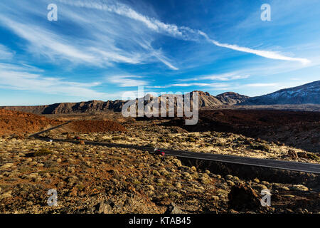Stretch of road going through Teide National Park, Tenerife, leading to Montana Blanca. The landscape throughout this park is very rich and colourful. Stock Photo