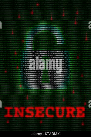 Data insecurity. Computer artwork of an unlocked padlock icon on a background of ones and zeros â€“ binary numbers. This may represent the use of security software to protect data and information held on personal computers. Stock Photo