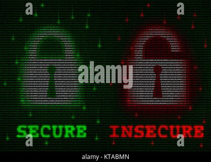 Data insecurity. Computer artwork of locked and unlocked padlock icons on a background of ones and zeros â€“ binary numbers. This may represent the use of security software to protect data and information held on personal computers. Stock Photo