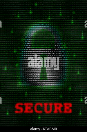 Data security. Computer artwork of a locked padlock icon on a background of ones and zeros â€“ binary numbers. This may represent the use of security software to protect data and information held on personal computers. Stock Photo