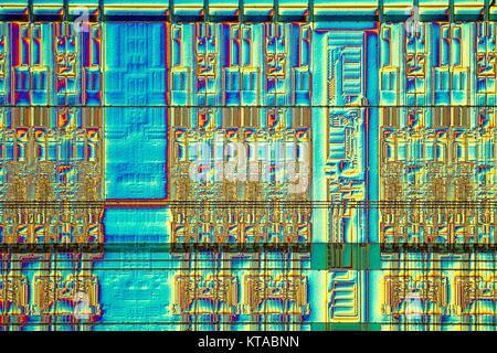 Light micrograph of a detail of a RAM computer memory chip. RAM is a type of computer memory that can be accessed randomly; that is, any byte of memory can be accessed without touching the preceding bytes.This is the most common type of memory found in personal computers and different other electronic devices like cellular phones, usb sticks and printers. Objcet size of this section approx. 1.2 mm across.