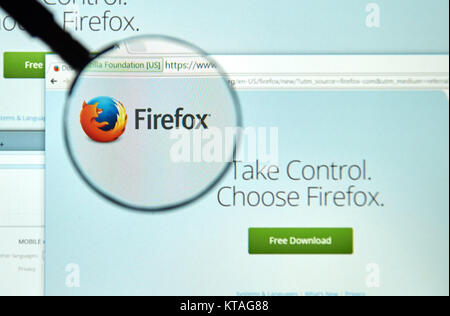MONTREAL, CANADA - MARCH 25, 2016 - Firefox web browser  under magnifying glass. Firefox  is a free and open-source web browser developed by the Mozil Stock Photo