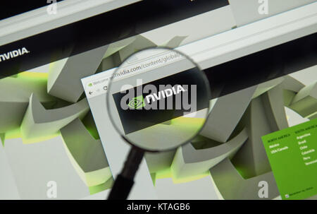 MONTREAL, CANADA - MARCH 25, 2016 - Nvidia internet page under magnifying glass. NVIDIA Corporation is an American technology company. Stock Photo