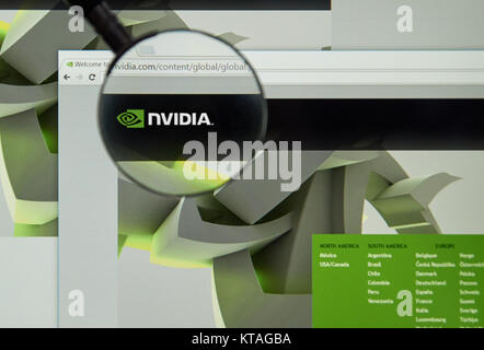 MONTREAL, CANADA - MARCH 25, 2016 - Nvidia internet page under magnifying glass. NVIDIA Corporation is an American technology company. Stock Photo