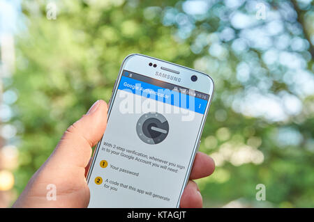 MONTREAL, CANADA - MAY 23, 2016 : Google Authenticator application on Samsung S7. The app works with 2-Step Verification for Google Accounts to provid Stock Photo