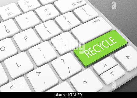 Modern computer keyboard with green recycle button. 3D illustrating Stock Photo