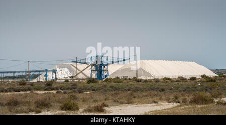 Mountains of marine salt form seawater evaporation. Photo taken in Santa Pola, Alicante, Spain, by the Mediterranean Sea Stock Photo