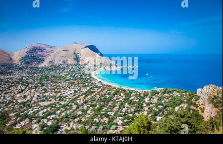 Panoramic view on Mondello white sand beach in Palermo, Sicily. Italy. Stock Photo