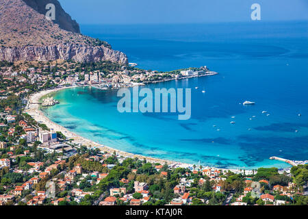 Panoramic view on Mondello white sand beach in Palermo, Sicily. Italy. Stock Photo