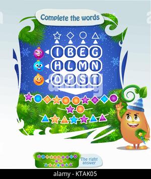 Words puzzle educational game for children. Task: Complete the words using cipher code. Christmas game for children and adults  Place the letters in r Stock Vector