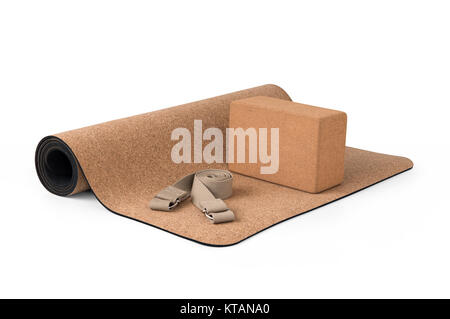 Yoga Cork Mat Block and Strap  Eco Friendly on White Background Stock Photo