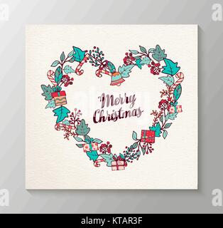 Merry Christmas holiday typography greeting card template with cute hand drawn winter leaf wreath in heart shape. EPS10 vector. Stock Vector