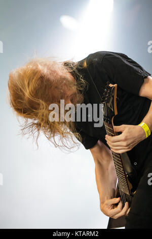 The Swedish grindcore band Nasum performs a live concert at the Danish music festival Roskilde Festival 2012. Here guitarist Urban Skytt is seen live on stage. Denmark, 08/07 2012. Stock Photo