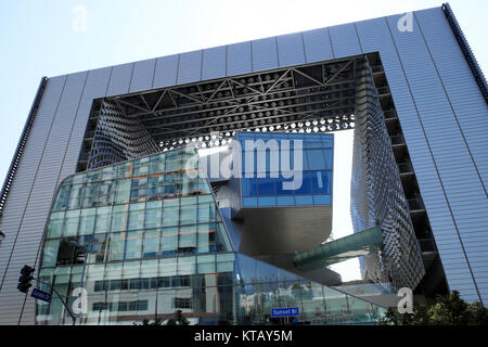 Front view of Emerson College building designed by Morphosis Architects on Sunset Boulevard in Hollywood, Los Angeles, California  USA  KATHY DEWITT Stock Photo